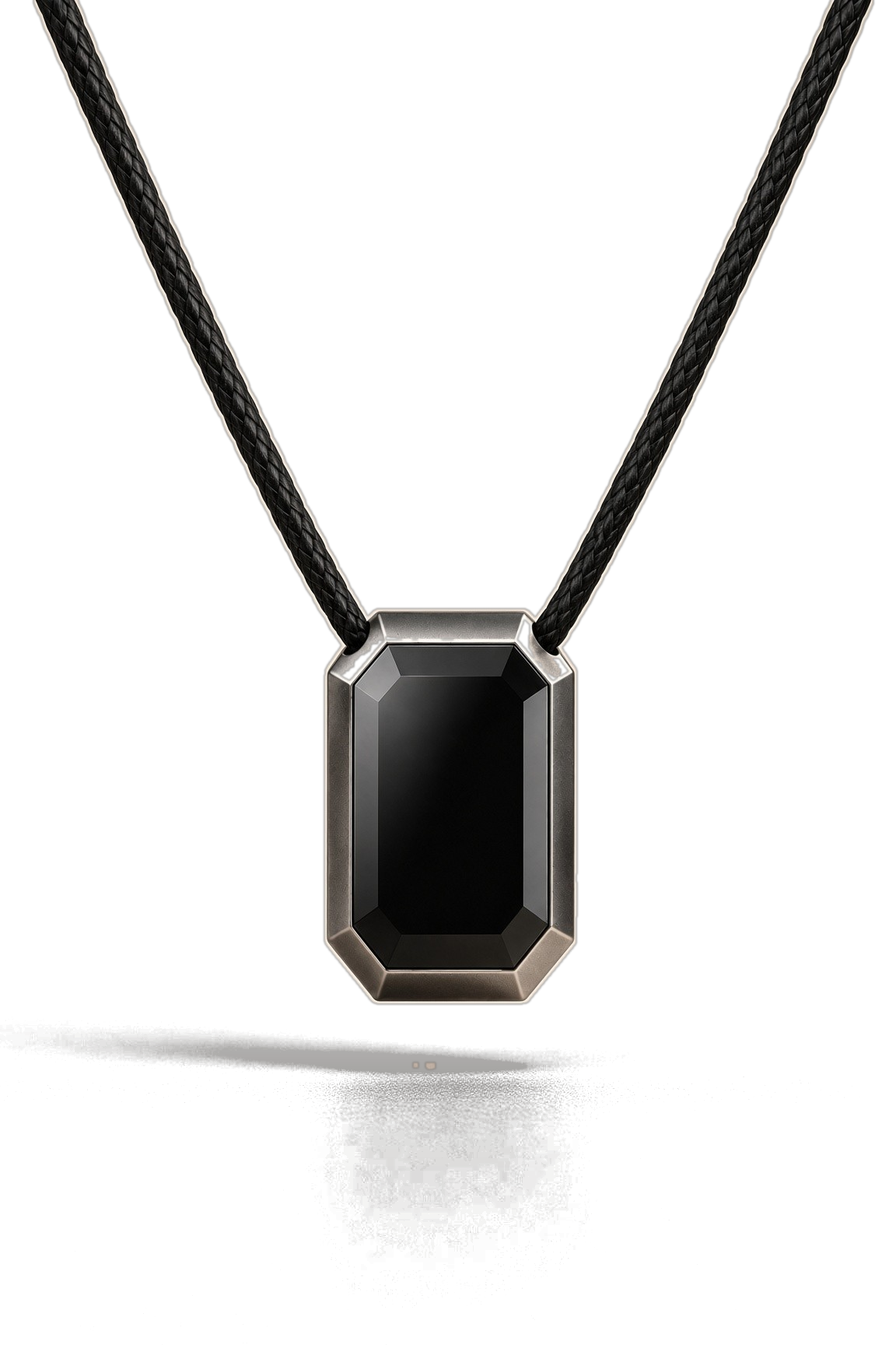 The ORIN pendant hanging from a black braided cord.